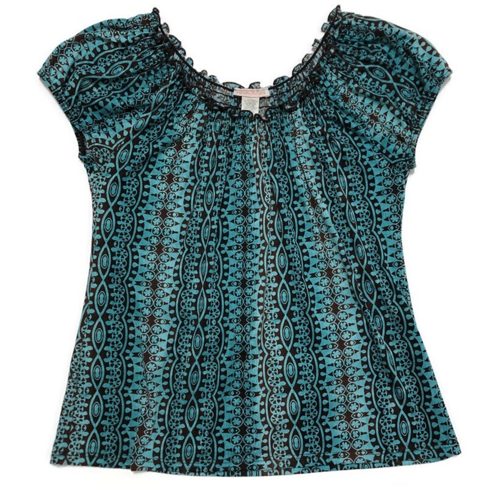 CLAUDIA RICHARD Boho Peasant Top Blue Brown Sz LG